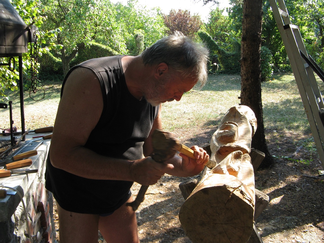 Ez egy cseresznye törzs, Apuval együtt ültettük kb 50 évvel ezelőtt, ettük évekig a cseresznyéjét, becsületben, lábon halt meg, most egy szobrot faragok belőle. Hát igen, mi sem élünk örökké, a Gyertyák (is) Csonkig Égnek… (Márai Sándor)